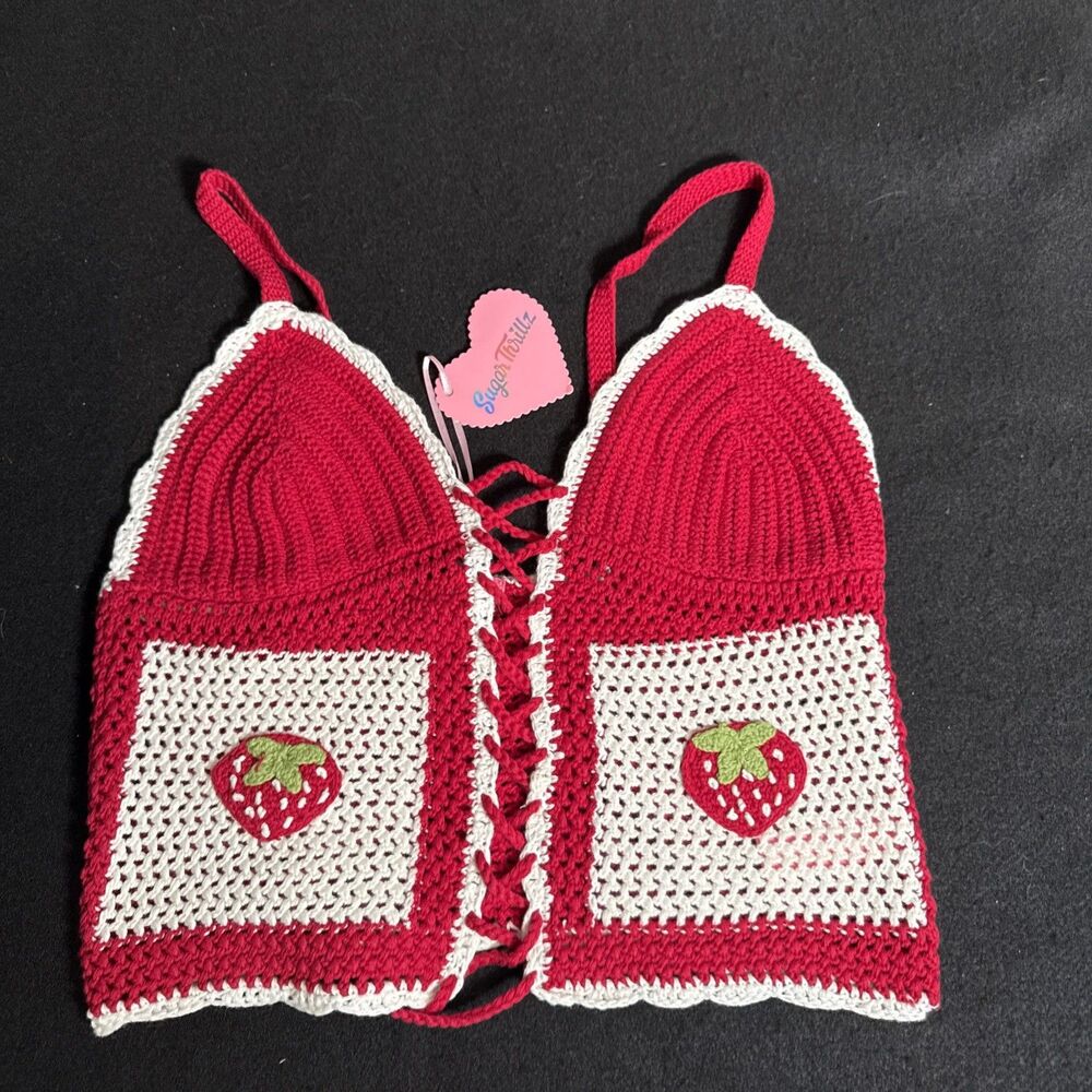 Doll's Kill Sugar Thrillz Crochet Strawberry  Top Festival MED Corset Front NWT